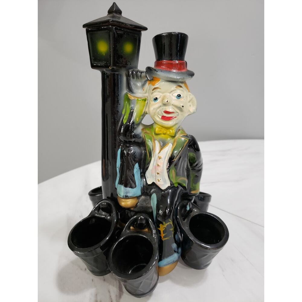 VINTAGE HOBO CLOWN DECANTER WITH SHOT GLASSES MANCAVE‎ BARWARE DECOR